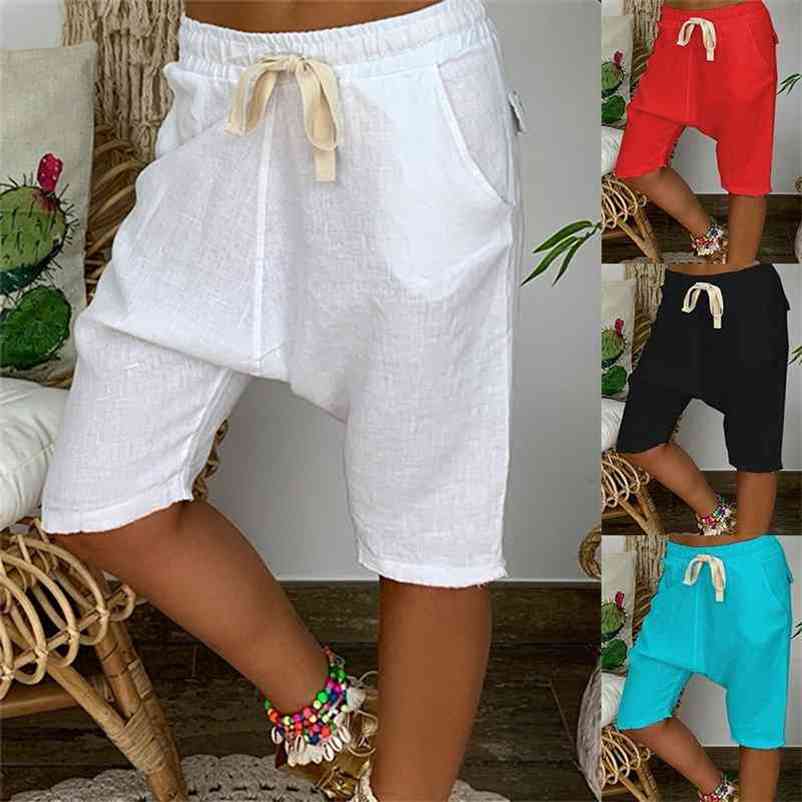 

Plus Size Women Knee-length Cotton Linen Pants Solid Color Pockets Loose Vintage Tied Elastic Waist Cross-Pants 210603, Black