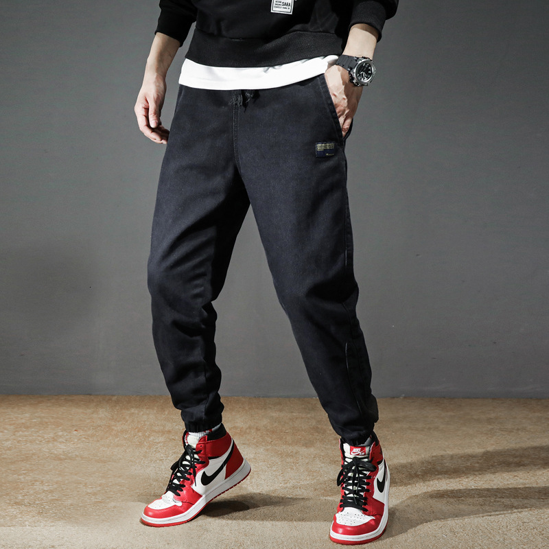 

2021 New Moda Streetwear Masculino Solto Ajuste Cor Preta Emendado Designer Carga Slack Bottom Joggers Calas De Brim Hip Oilt, Black