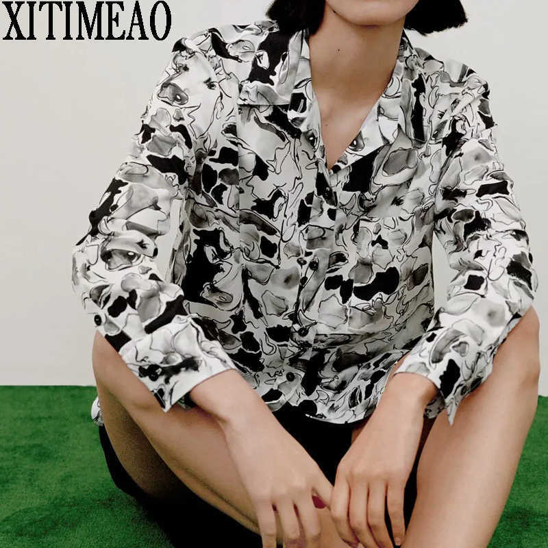 

ZA Women Spring Autumn Retro Printing Simple Style Loose Long Sleeve Shirt Casual Oversize Chic Tops XITIMEAO 210602, Black