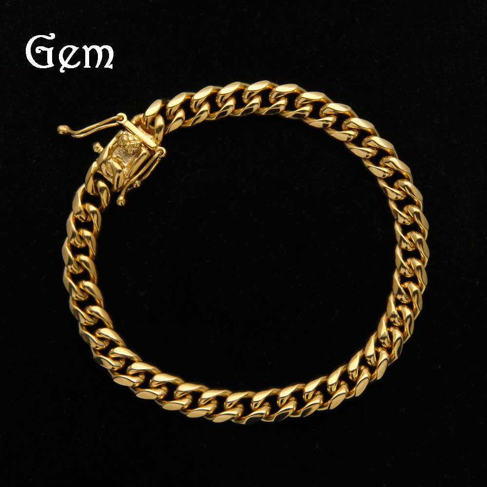 

Hip hop stainless steel color preserved electroplated round ground Cuban chain with cast button for men's 8mm 10mm Cuban Bracelet