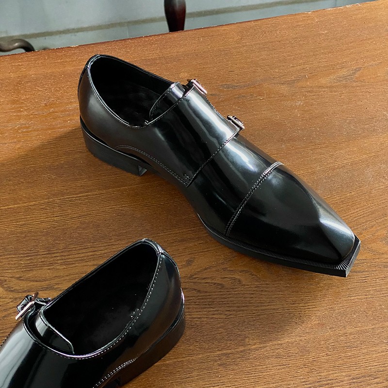 

2022 Square toe Monk Strap Black Wedding Dress Shoes Fashion Cow Leather Mens Formal Business Oxfords Handmade Derby Shoes