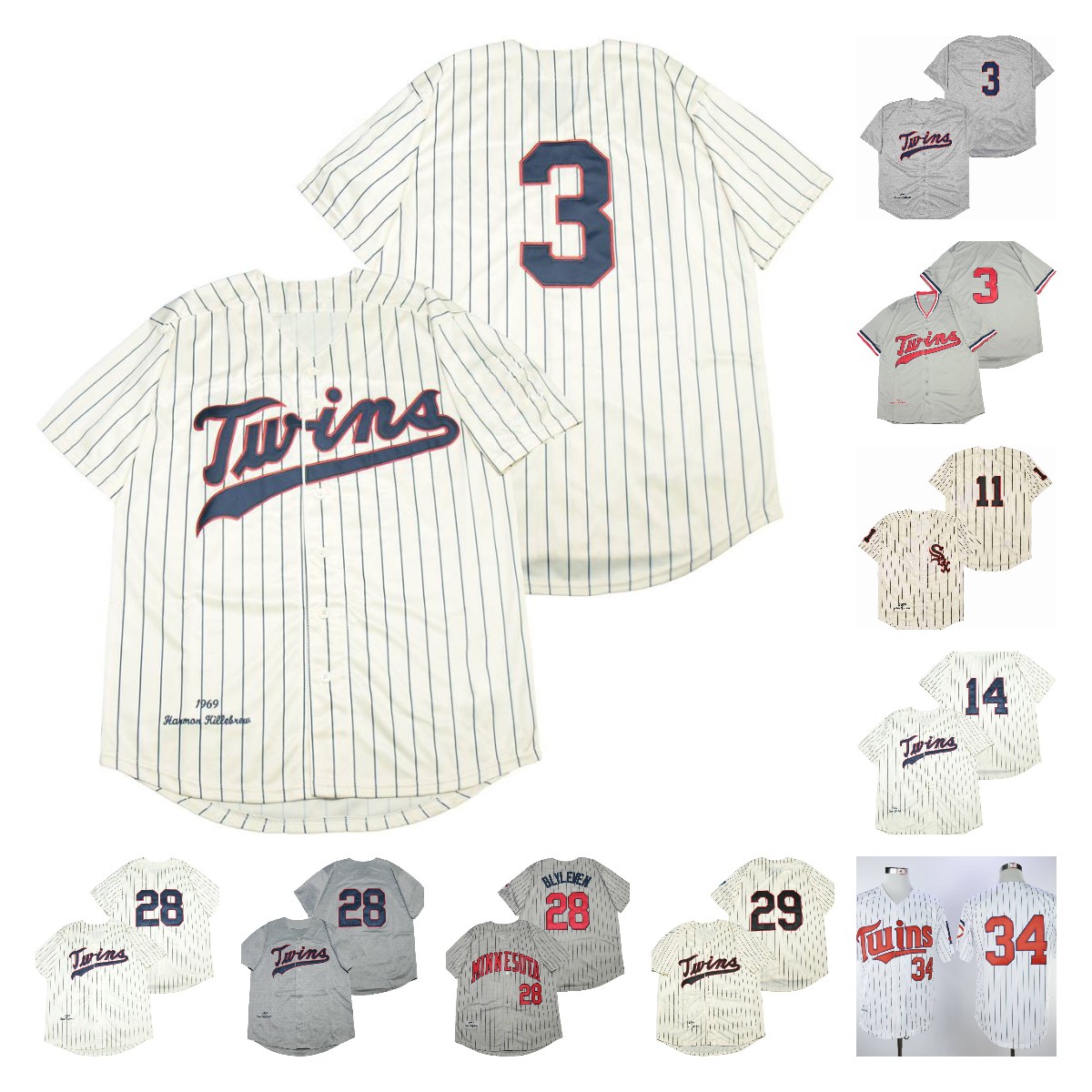 

34 Kirby Puckett Jersey 3 Harmon Killebrew 28 Bert Blyleven Kent Hrbek Rod Carew Vintage 1969 1970 1972 1987 Baseball Home Away Grey Cream White, 3 cream 1969