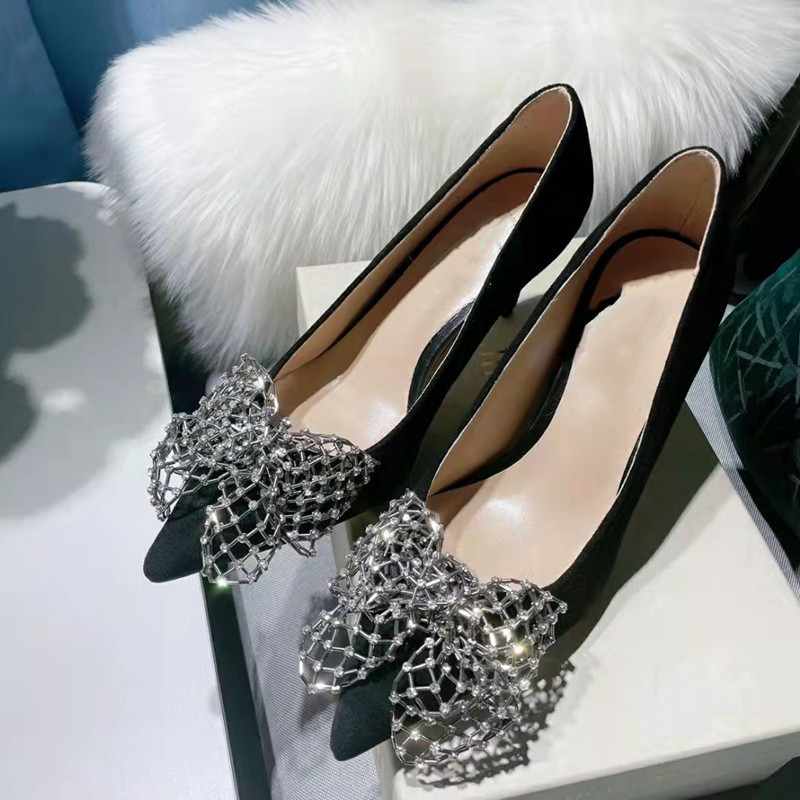 

Crystal Butterfly Knot Designer Pointed Toe High Heels Women Shoes Luxury Brand Genuine Leather High Heels Pumps Party Shoes, Black