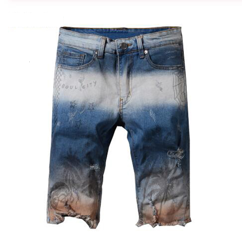 

2021 New Men's Male Summer Knee Length Coconut Tree Printed Contrast Color Shorts Fashion Painted Ripped Denim Jeans Qqvc, Blue