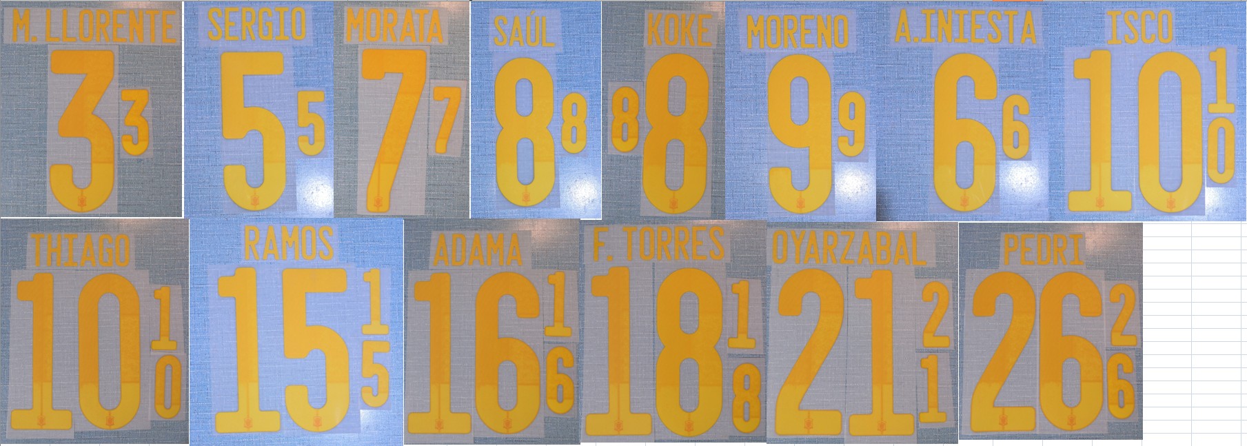 

2021 home F.TORRES ADAMA PEDRI SAUL SERGIO A.INIESTA MORENO ISCO RAMOS M.LLORENTE MORATA KOKE THIAGO nameset patch badge