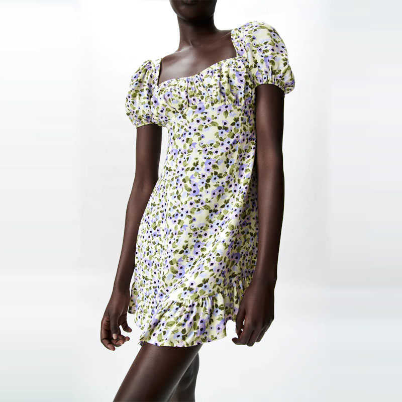 

Za Floral Print Women Summer Dress Puff Sleeve Ruffle Hem Vintage Mini Dresses Sexy Backless Crossed Straps Party Dress 210602, As picture