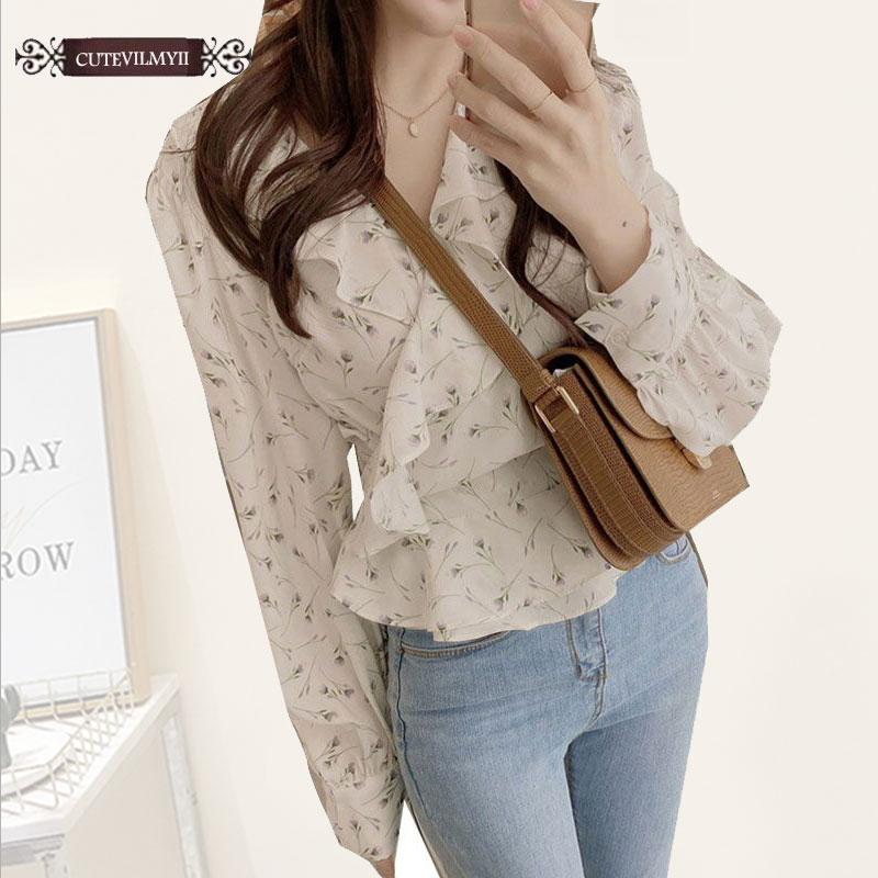 

Ruffled Cute Sweet Peplum Tops Hot Women Korean Japan Preppy Style Design One-Piece Floral Chiffon Shirts Blouse E498, Beige