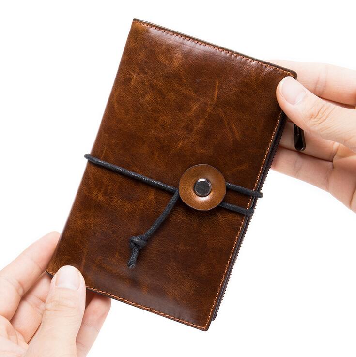 

Wholesale men's personalized drawstring zipper wallets vintage cowhide leather coin purse passport ID wallet 4144, Brown