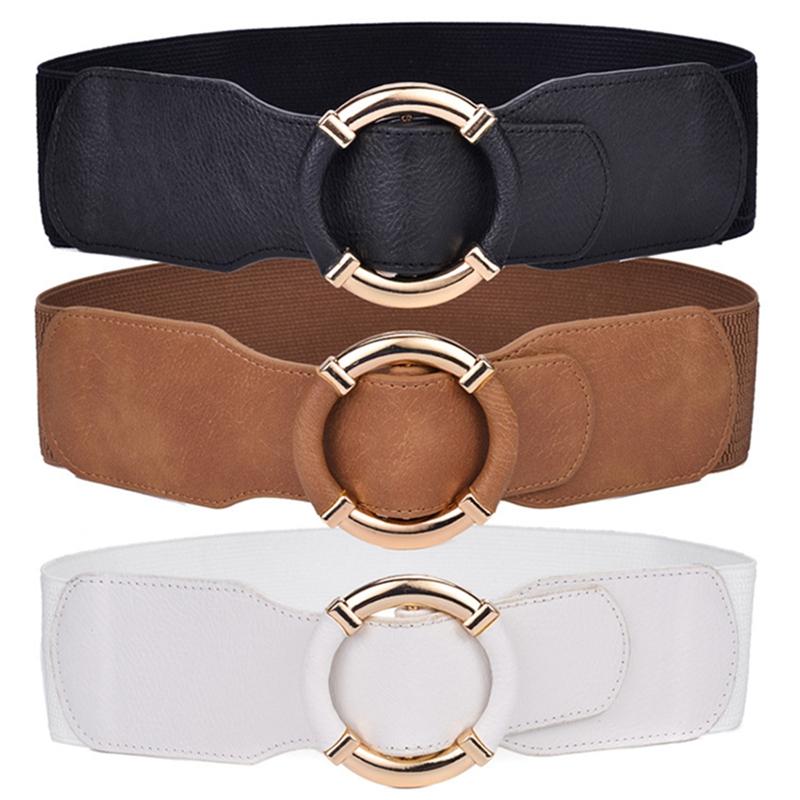 

Belts Women Elastic Stretch Wide Waist W Wrapped Gold Circle Buckle, White