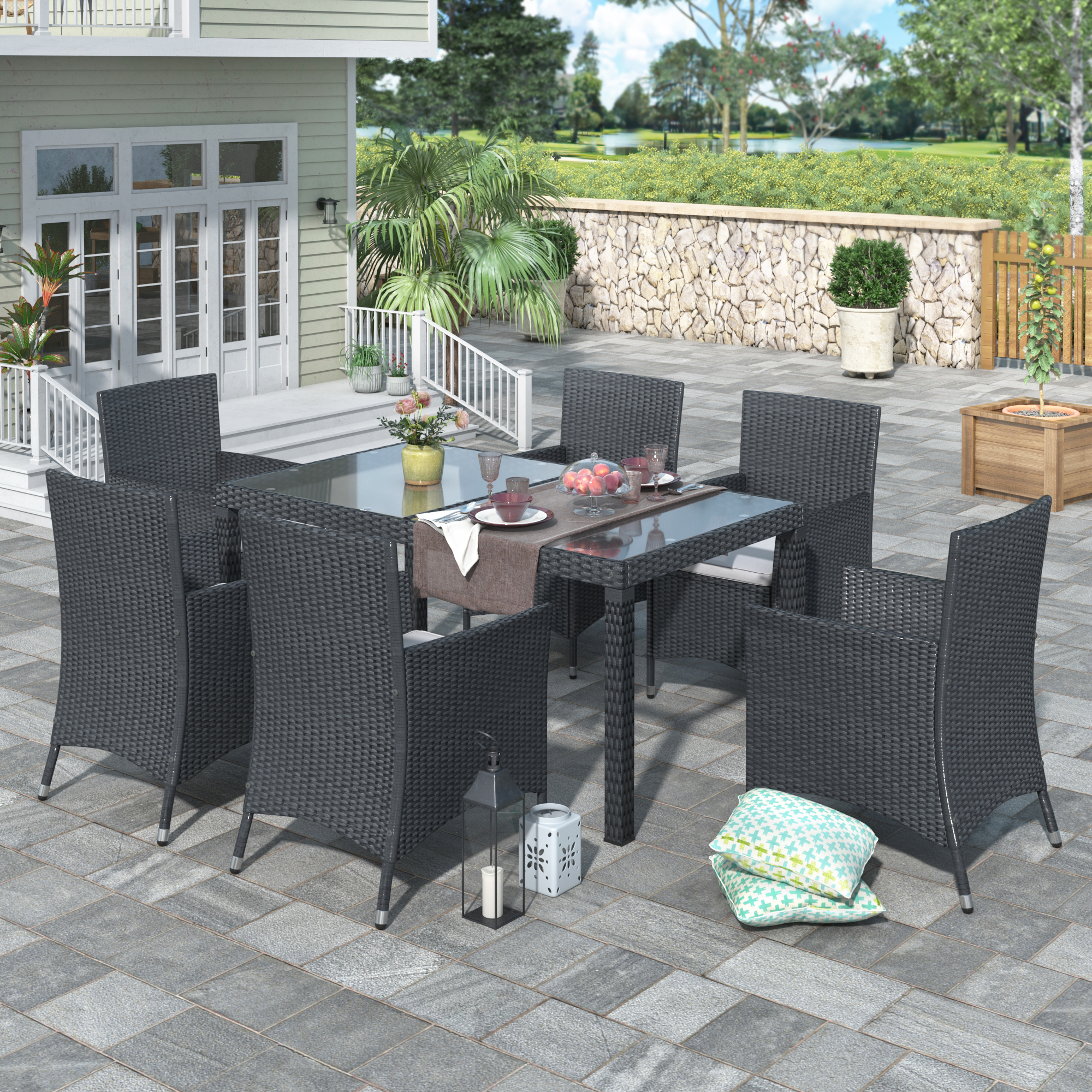 

Outdoor Wicker Dining set - Dining table set for 7 - Patio Rattan Furniture Set with Beige Cushion (Black)