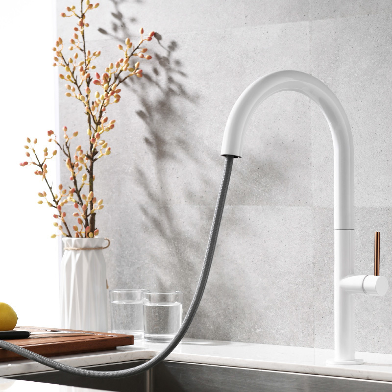 

2021 New Pull Out Matte Black /white Cold and Hot Water Single Handle Brass Kitchen Sink Faucet Rotation Spray Mixer Y5v4