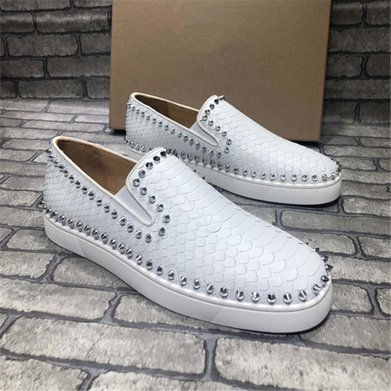 

Solid White Genuine Leather Flat Low Top Sneakers Leisure Silver Rivets Snake Skin Shallow Slip-on Round Toe Outdoor Shoes, Black