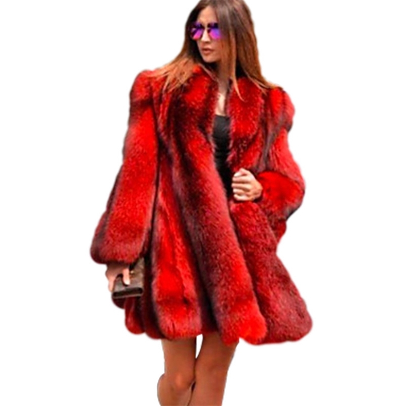 

Winter Faux Fur Coat Women Fashion Splicing Stripe Cut Imitation Plush Heavy Warm Overcoat Ladies Jacket Luxurious 211213, Red