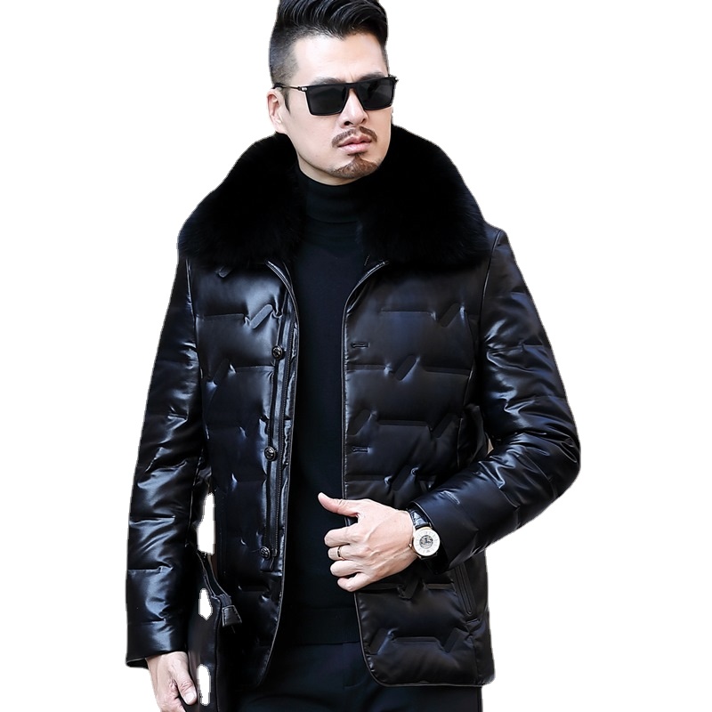 

Men's winter genuine Pipi down jacket plus size men's white duck down thickened dad's long fur collar coat, Black;brown