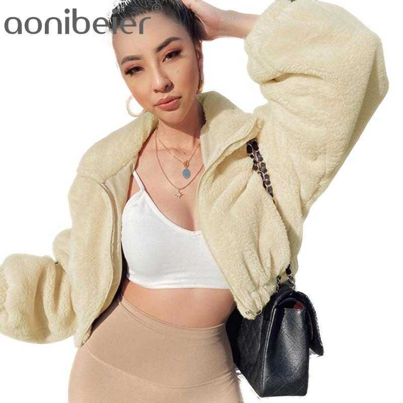 

Autumn Winter Warm Fluffy Fleece Jacket Women Zipper Front High Neck Long Sleeve Casual Coat Loose Ladies Crop Tops 210604, Beige