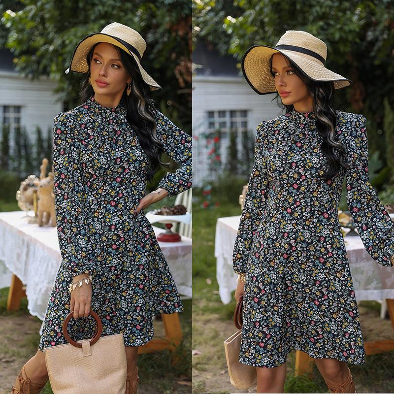 

Casual Dresses 2021 Autumn Stand Floral Print Lantern Sleevea-Liomen Dress Holiday High Waist Black Midi Female