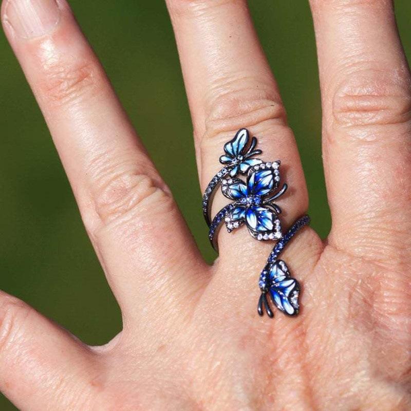 

Wedding Rings European Vintage Woman Elegant Oil Blue Butterfly Flower Ring High Quality Hand Made Enamel Jewelry Gift