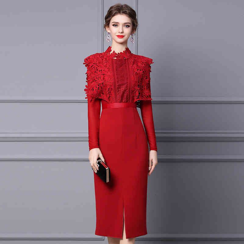 

Casual Dresses Zhili dress spring beautiful water-soluble lace long sleeve bottomed red skirt PWT0