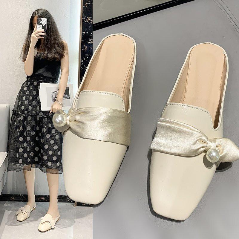 

Slippers Mules For Women 2021 Loafers Casual Female Shoes Cover Toe Slides Low Luxury Flat Summer Square Basic Fabric Sewing