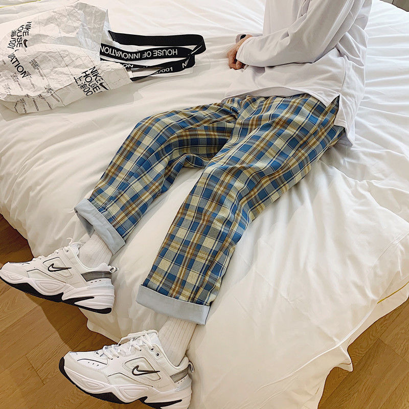 

2021 plaid men's fashion retro casual men streetwear hip-hop straight wide-leg pants mens trousers s-2xl bq2u, Black