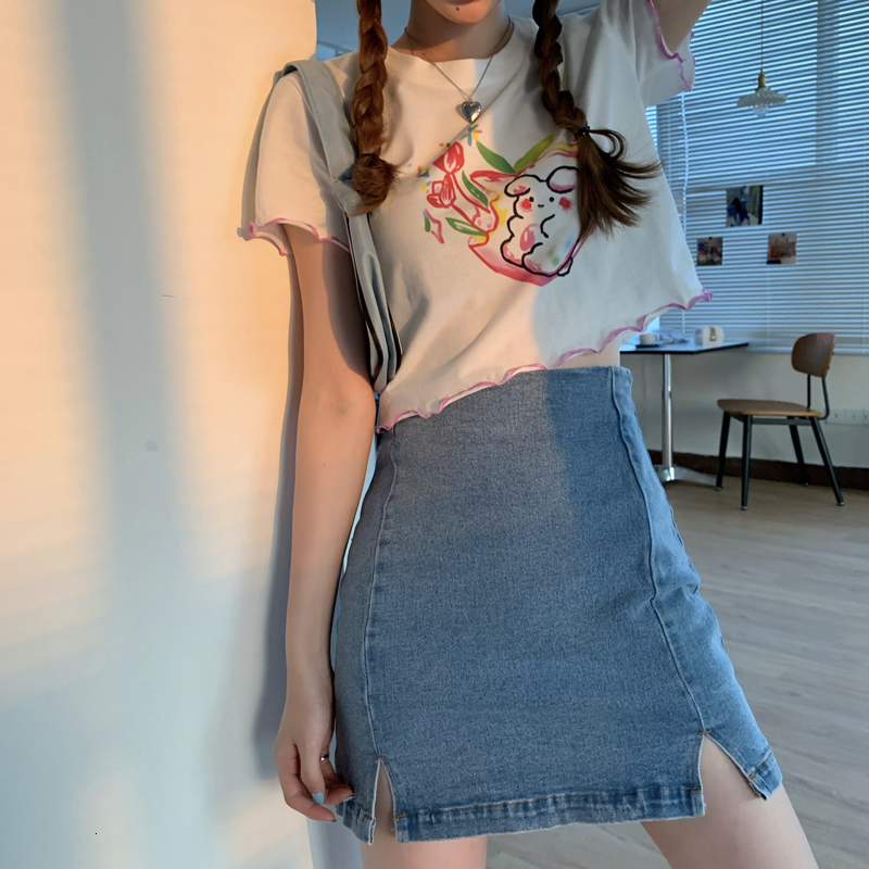 

2021 New Summer White T-shirt Print for Women Short Sleeve t Shirt and 2 Set Cute Tee Female Tops High Waist Denim Skirts Ddjf