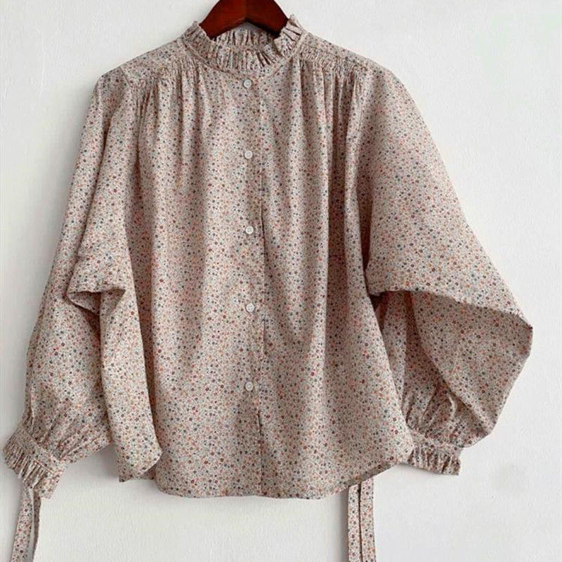 

2021 New Feminino Floral Impresso Blusa Manga Longa 100% Algodo Nico Breasted Prairie Chique Camisa Feminina Bzqc, Black