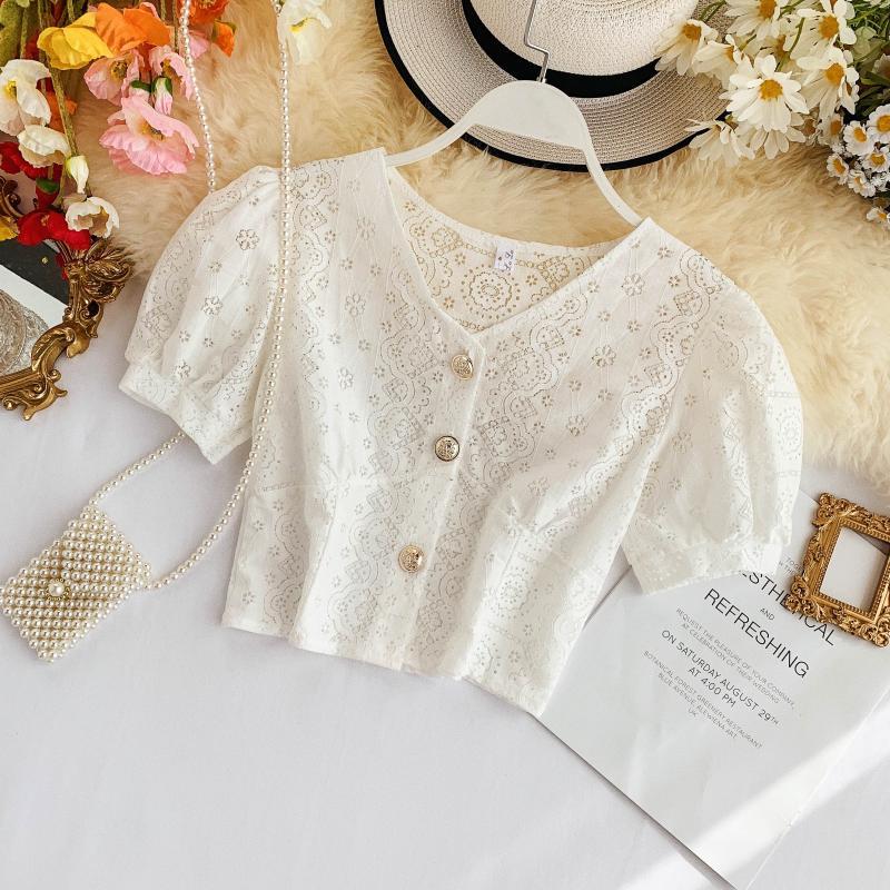 

Vintage Lace Hollow Out Women Blouse Summer New Puff Sleeved Solid Short High Waist Lady Elegant Pulls Outwear Tops, See chart