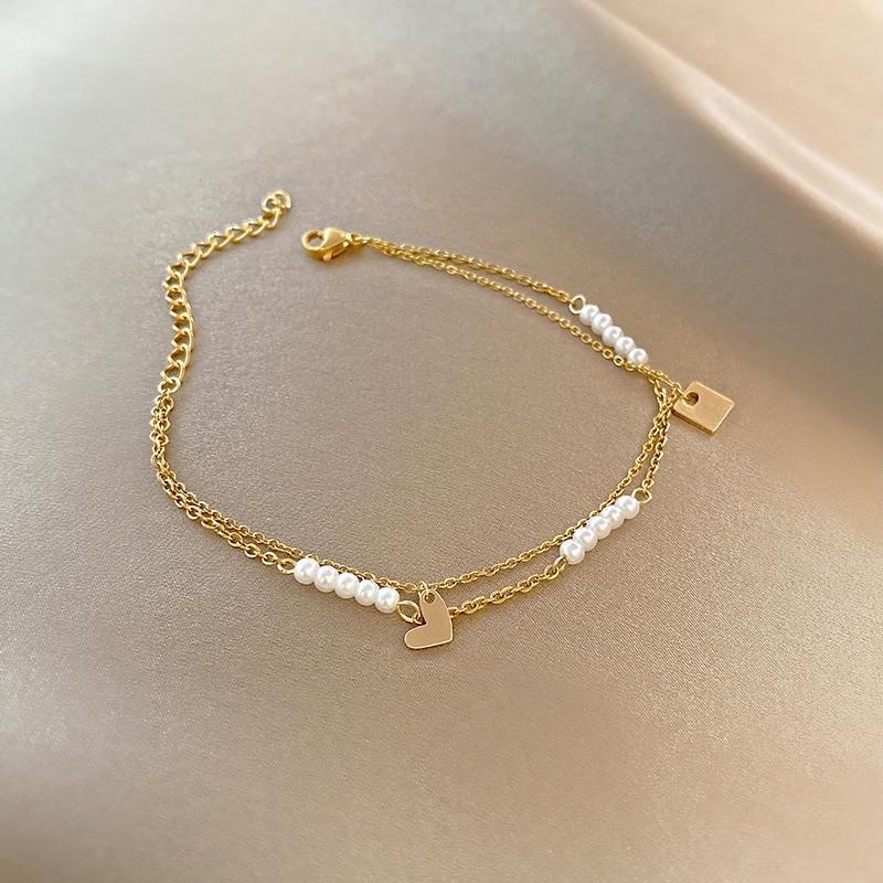 

Link, Chain South Korea Style Titanium Steel Pearl Double Layer Bracelets GIRL'S Gift Party Banquet WOMEN'S Jewelry 2021, Black