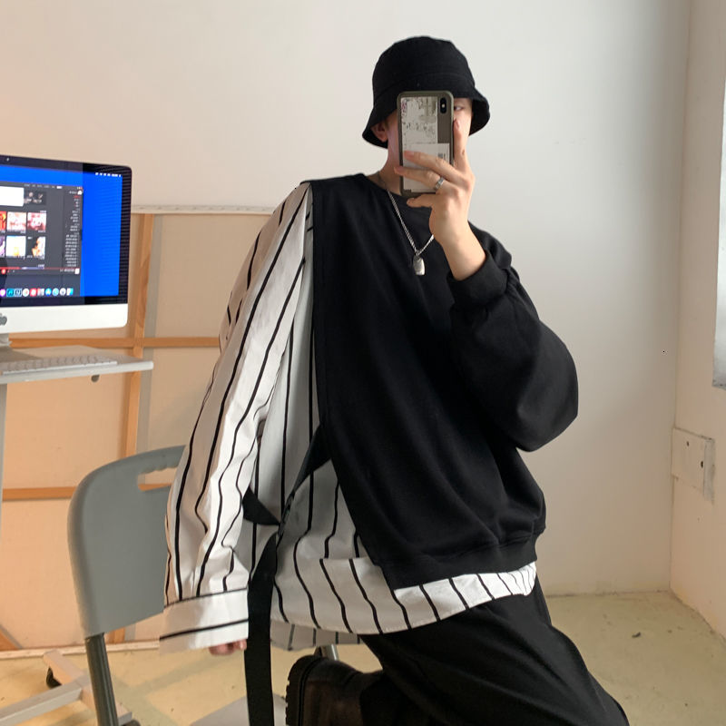 

New 2021 Male Long Sleeve Pulley Seam Solid Color Striped Loose Jacket Casual Cotton Hoodies Streetwear Large Sweaters Slzt, Black