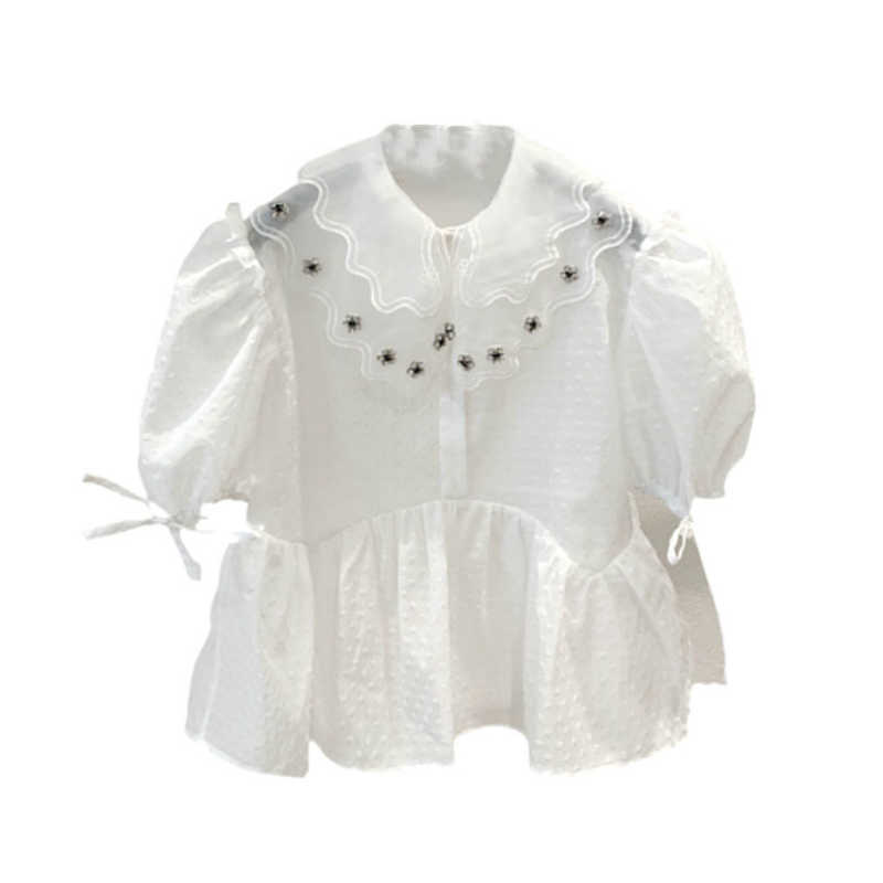 

White Beads Mesh See Through Women Shirts Summer Puff Short Sleeve Double Layer Collar Sweet Style Female Tops 210526