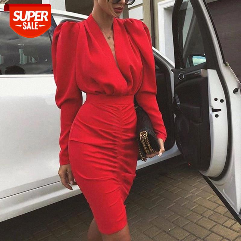 

Elegant Women's Long Sleeve V Neck Bodycon Dress OL Ladies Evening Party Office Workout Mini Dress Female Vestidos #GZ3b, Black;gray