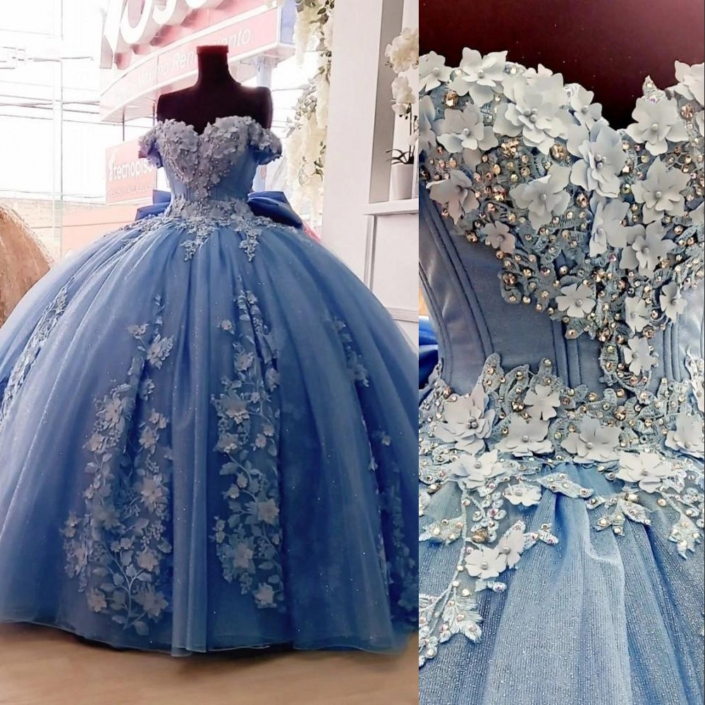 

2021 Light Blue Quinceanera Ball Gown Dresses Off Shoulder Lace Crystal Beads Pearls With Flowers Tulle Plus Size Sweet 16 Party Prom Gowns Corset Back With Bow, Olive