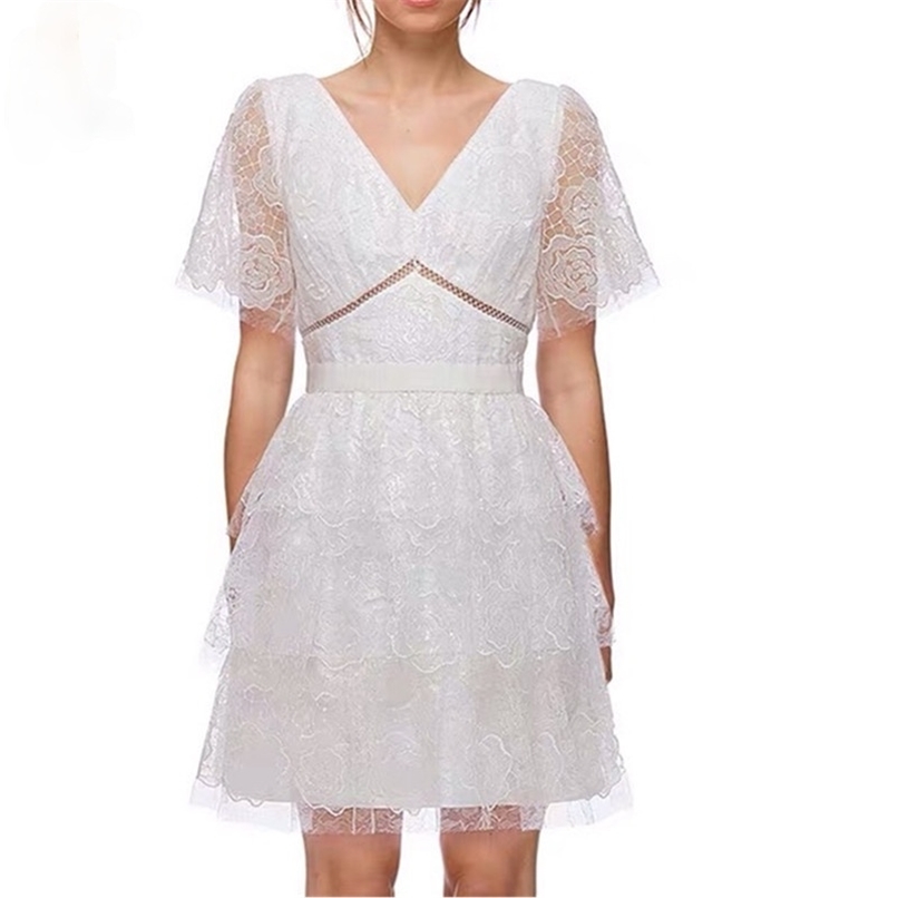 

Retro Elegant Rose Flower Sequined Embroidery White Lace Party Dress For Women Summer Sexy V-neck Backless Mini Cake 210602