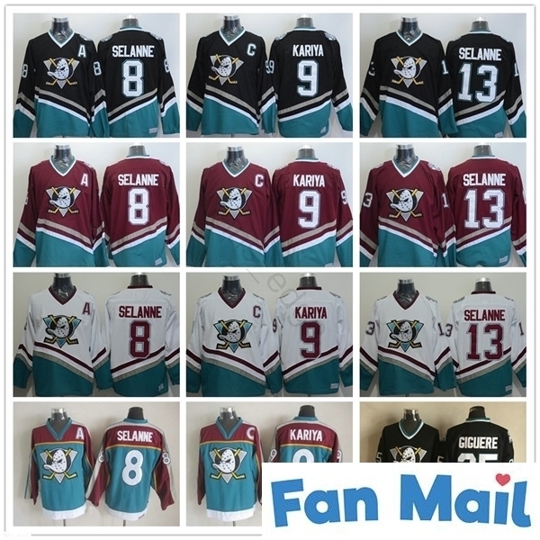 

Vintage Anaheim Mighty Ducks Jerseys 8 Teemu Selanne 9 Paul Kariya 35 Jean-Sebastien Giguere 13 Selanne 1998 CCM Stitched Hockey Jersey, Black;red