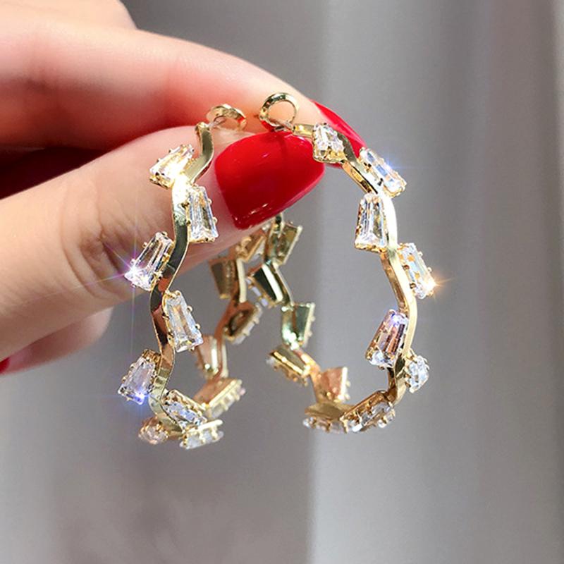 

Hoop & Huggie Trendy Exquisite 14k Real Gold Crystal Circle Earrings For Women High Quality Jewelry Bling Zirconia S925 Silver Needle, Golden;silver
