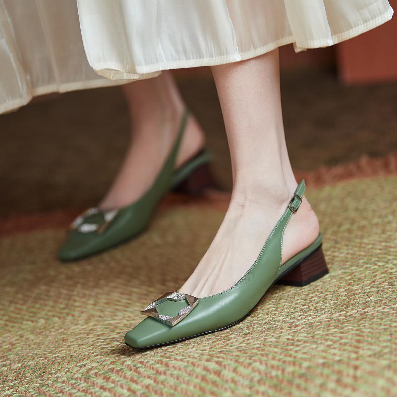 

Metal Decoration Back Strap Women'S Sandals Genuien Leather Buckle High Heels Pumps Women Summer Party Wedding Shoes Woman, Black