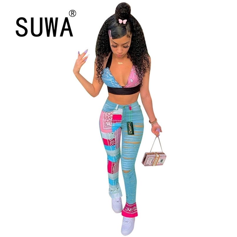 

Colorful Print Trendy Chic Party And Club High Street Fashion Trousers Women Waist Pants K-Pop Style Dance Vintage Leggings 210525, Sky blue