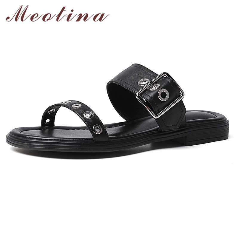 

Meotina Genuine Leather Women Slippers Flat Shoes Buckle Square Toe Ladies Slides Summer Flat Sandals Female Black Large Size 40 210608, Beige