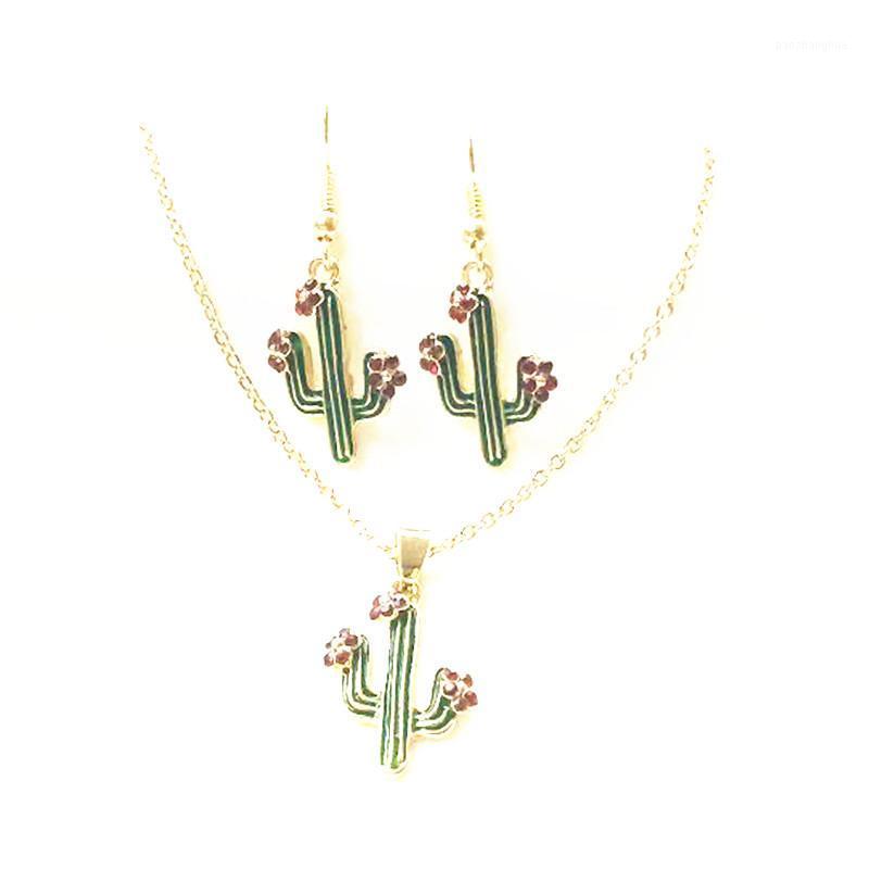 

Earrings & Necklace Charm Green Cactus Pendant Necklace/Earrings Set Woman Girl Gold Color Tropical Plants Red Rhinestone Flower Jewelry, Silver