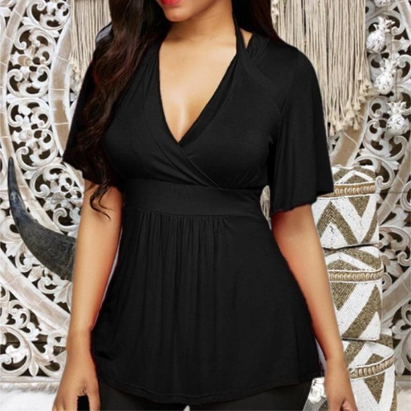 

Women's T-Shirt Sexy Summer Women Plus Size Solid Color V-neck Halter Short Sleeve Top Ladies Clothings 5XL, White