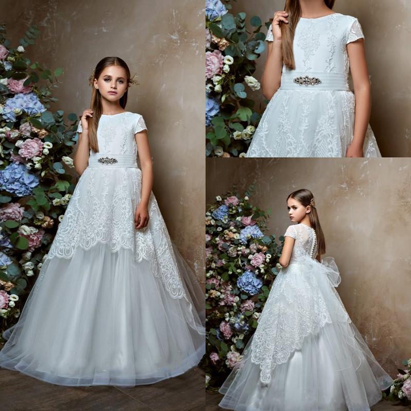

Girl's Dresses Beautiful Flower Girl Appliqued Lace Short Sleeves Pageant Gown Tiered First Communion Dress, Pink