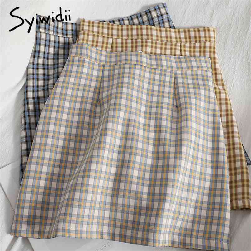 

Plaid High Waist Mini Skirts Women Back Zipper A-Line Yellow Blue Summer Clothes Korean Fashion 210607, Apricot