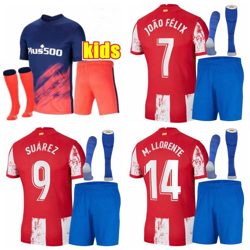 

Madrid soccer jerseys sets Tracksuits Atletico SUAREZ JOÃO FÉLIX football shirts 2021 2022 M. Llorente R.DE PAUL KOKE LEMAR CARRASCO J.M.GIMÉNEZ TRIPPIER kids shorts, Home kids sets+patch