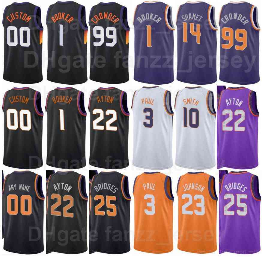 

Screen Printed Basketball Devin Booker Jerseys 1 DeAndre Ayton 22 Mikal Bridges 25 Chris Paul 3 Cameron Johnson 23 Jae Crowder 99 Black Purple White Man Woman Youth, Orange