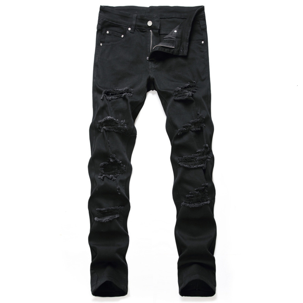 

2021 new men's slim hole straight black casual fashion long jeans, Blue