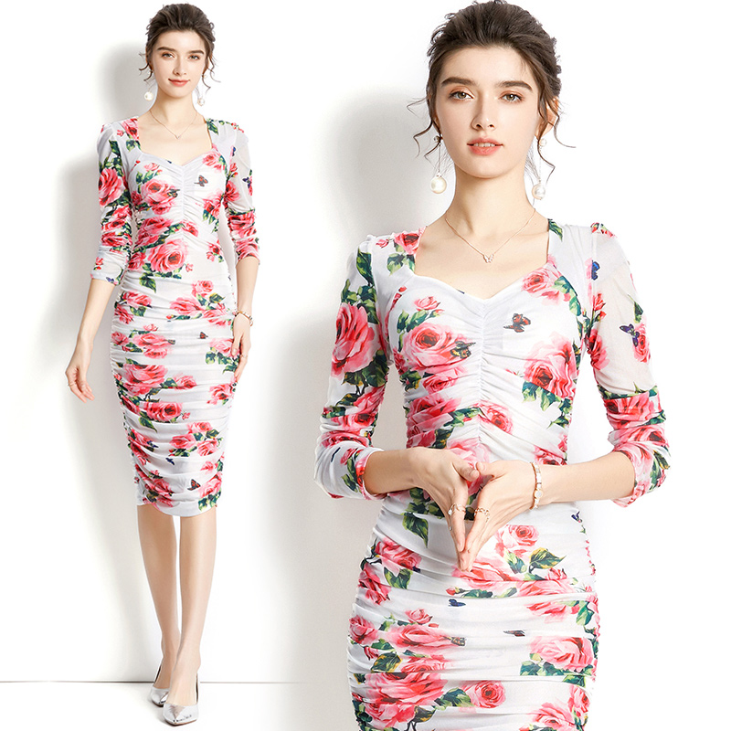 

Vintage Floral Skinny Dress Women 2022 Luxury Designer Long Sleeve Mesh Crimp Elastic Tulle Night Club Dresses Spring Autumn Office Lady Prom Square Neck Sexy Frock