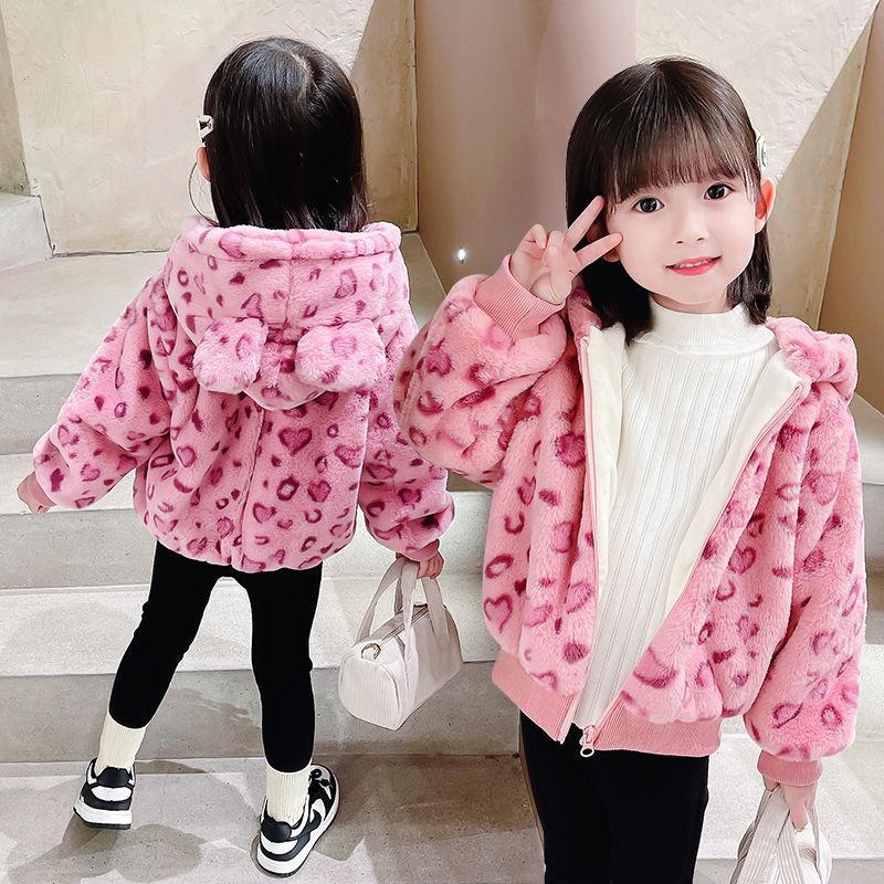 

Jackets Girls Kids Coat Jacket Overcoat 2021 Leopard Warm Plus Thicken Velvet Winter Top Lambswool School Cardigan Children's Clothing, Pink