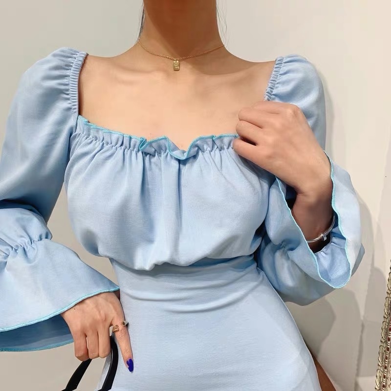 

2021 New Women' Long Square Neck Back Cross Tie Bowknot Mini Retro Horn Sleeve Slim Wrap Hip Black Es for Party Rmyy