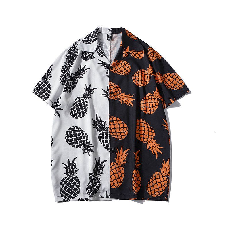 

2021 Men's Hawaiian Beach Summer Vintage Korean Shirts Fashion Black White Patchwork Pine Printed Short Sleeve Shirt 5t25, Zj209