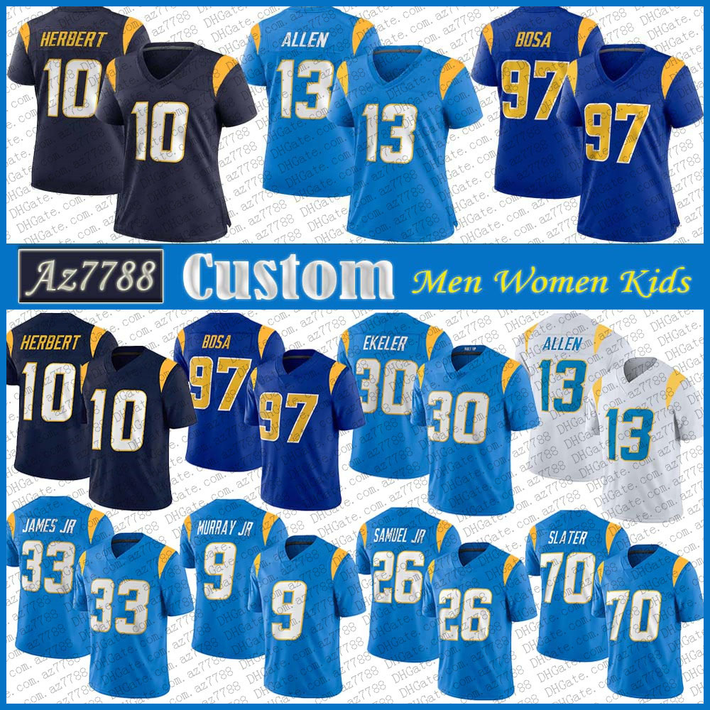 

Los 10 Justin Herbert Angeles Custom Men Women Kid LA Football jersey LAC 97 Joey Bosa 13 Keenan Allen 30 Austin Ekeler 33 Derwin James 9 Kenneth Murray 70 Rashawn Slater, Shown